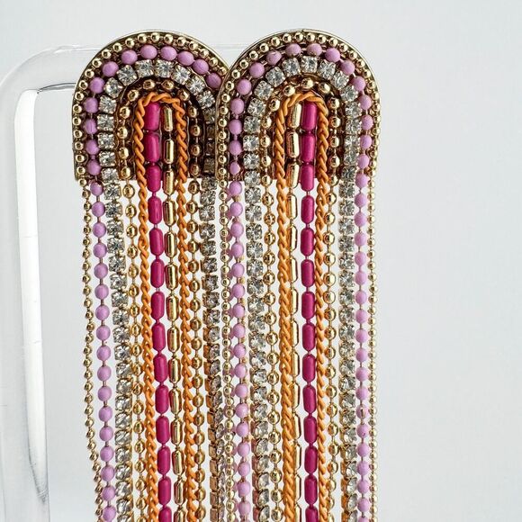 Vintage Beaded Rhinestone Chandelier Earrings Pink Timeless Glamour Retro Chic - Picture 2 of 10